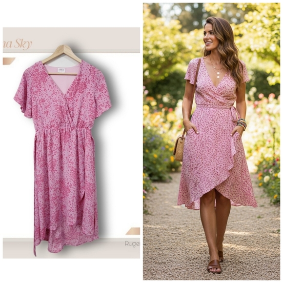 Sienna Sky Dresses & Skirts - 🌿Sienna Sky Women's Medium Pink Floral Faux Wrap Dress With Ties, Lined